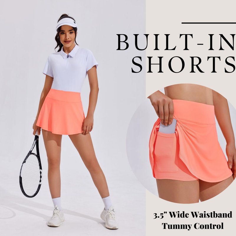 PINSPARK Tennis Skirt Womens Pleated Skort Lightweight Mini Active Skirts Golf Appeal with Pocket,Coral Large