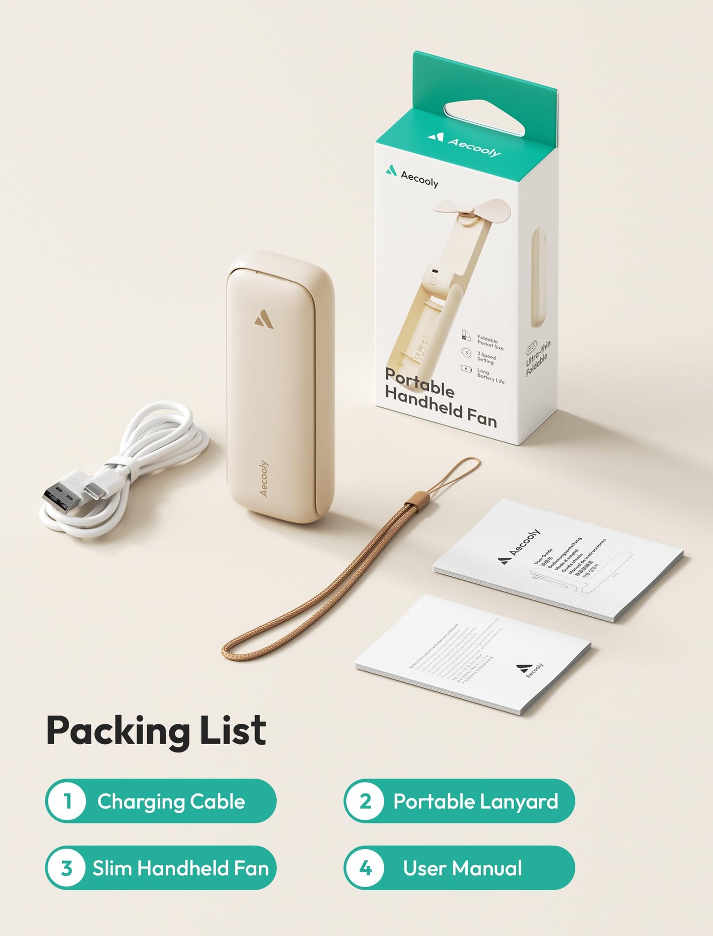 Aecooly Slim Portable Fan, Thin Handheld Fan, USB Rechargeable Mini Personal [24H Max Cooling Time], Battery Powered Small Foldable Pocket for Travel, Summer, Gifts for Women, Girls -Beige