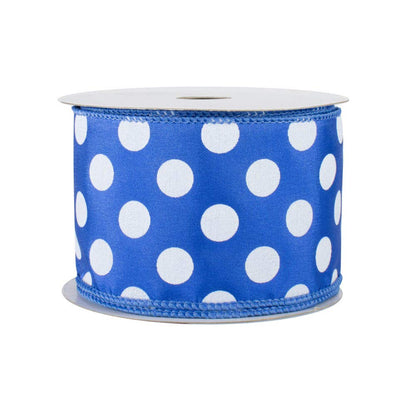 Royal Polka Dots Wired Ribbon - 2 1/2" x 10 Yards, White Dots on Royal Blue Faux Satin Ribbon, 4th of July Wreath Decor, Garland, Swag, Bows, Veterans Day, Christmas