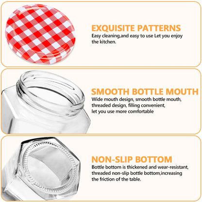 Showvigor Glass Jam Jars with Red Gingham Lid - 280ml/9oz - Hexagonal Storage Glass Jars, Clear Airtight Jar for Pickling, Chutney, Jam, Coffee - 6 Set