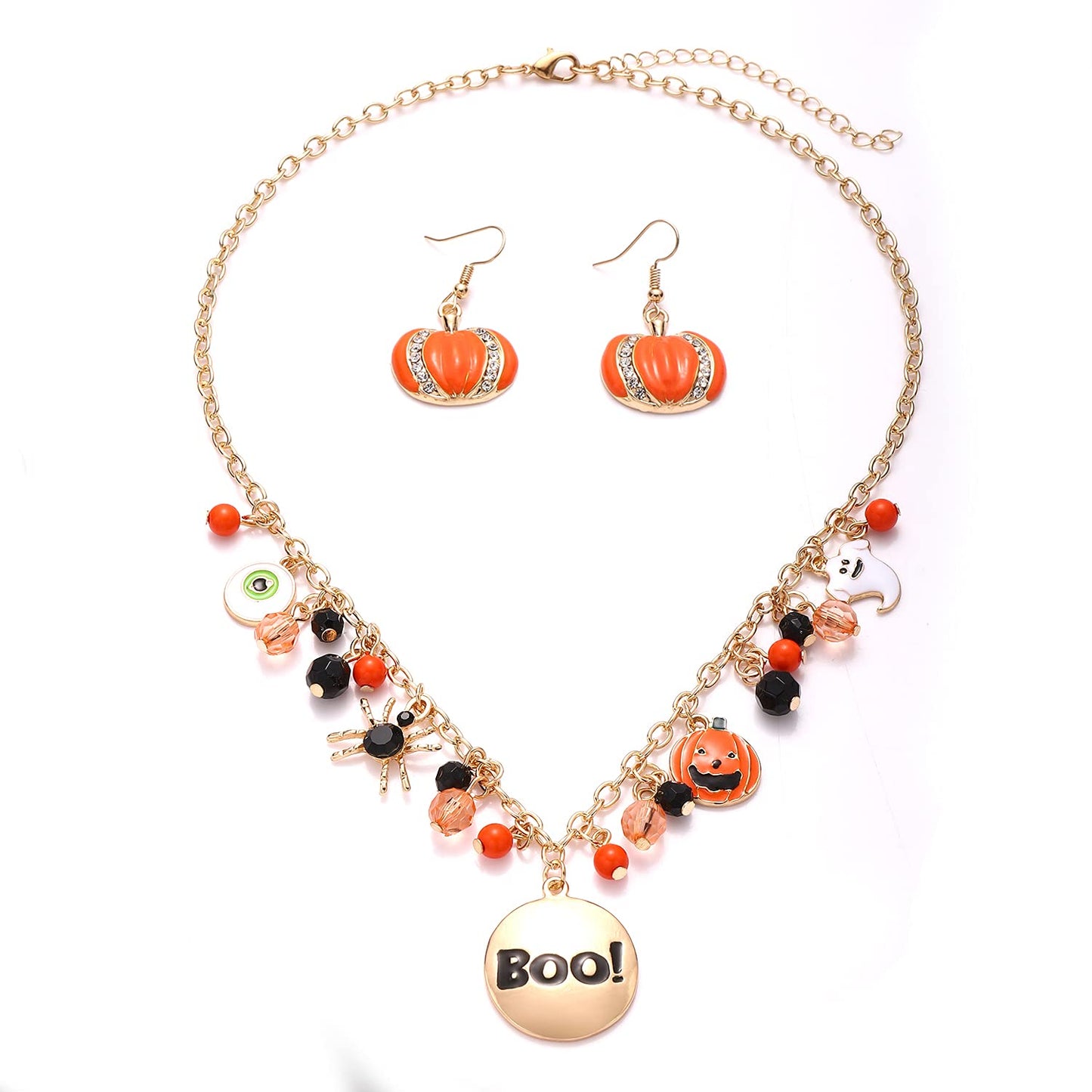 JERTOCLE Halloween Ghost Necklace Crystal Beaded BOO Pumpkin Pendant Choker Necklace with Pumpkin Drop Earrings Jewelry Set (Gold)