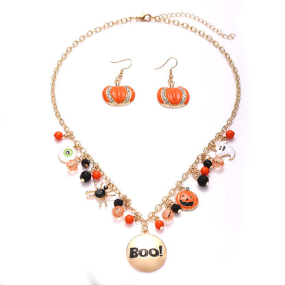 JERTOCLE Halloween Ghost Necklace Crystal Beaded BOO Pumpkin Pendant Choker Necklace with Pumpkin Drop Earrings Jewelry Set (Gold)