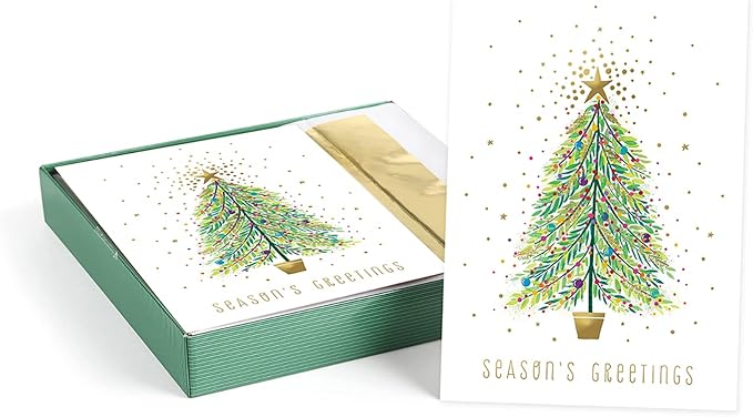 Masterpiece Sparkle Tree Christmas Cards / 16 Boxed Holiday Cards With Gold Foil Accents And Coordinating Gold Foil Lined Envelopes / 5 5/8" x 7 7/8" Folded Winter Greeting Cards With Inside Verse
