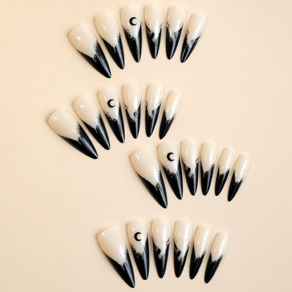 MABKJLF Halloween Press On Nails - Long Stiletto French Tip Fake Nails, Black Blood Gradient, Moon Designs, Glossy Glue On Artificial Nails, 24 Pcs