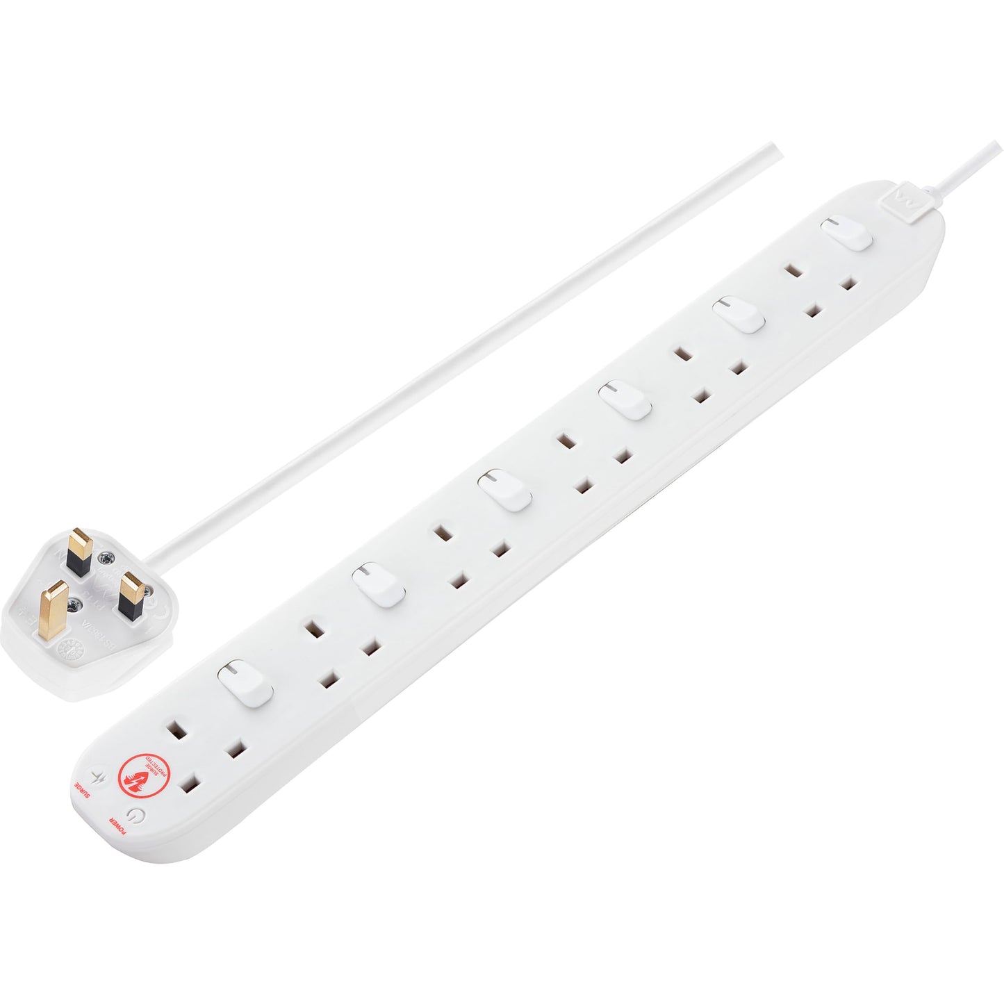 Masterplug Six Socket Extension Lead, Surge Protection, Individual Switches, Power and Surge LED Indicators, 2 Metre Cable, 6-Way Plug Extension Cable, Power Strip, White, 13A, 6G, 2m, SWSRG6210N