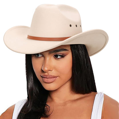 DRESHOW Cowboy Hat for Women and Men Classic Western Felt Cowboy Cowgirl Hat Outdoor Wide Brim Belt Buckle Retro Fedora Hats Unisex Rolled up Caps