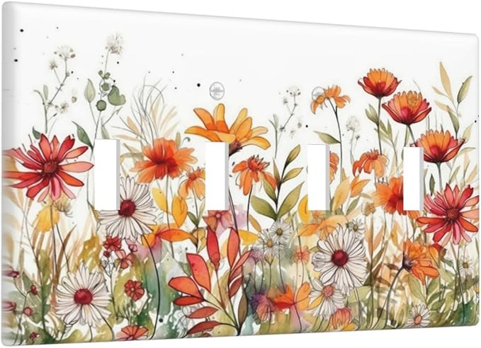 Watercolor Wild Flower Floral 4 Gang Decorative light switch plate Quad Toggle Wall Plate Covers Switchplate Electrical Faceplate for Nursery Bedroom Bathroom Decor
