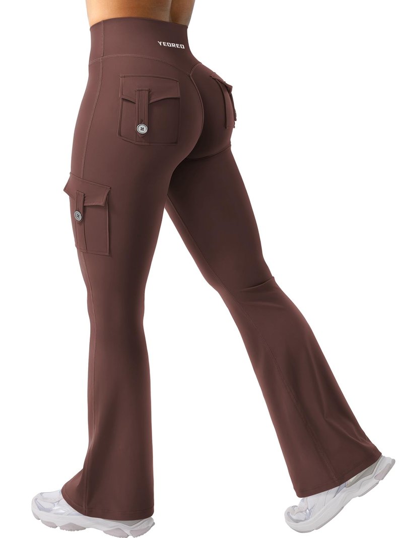 YEOREO CoreFlex Women Workout Flare Leggings with Pockets Hidden Scrunch High Waisted Cargo Gym Yoga No Front Seam Leggings Chocolate XS