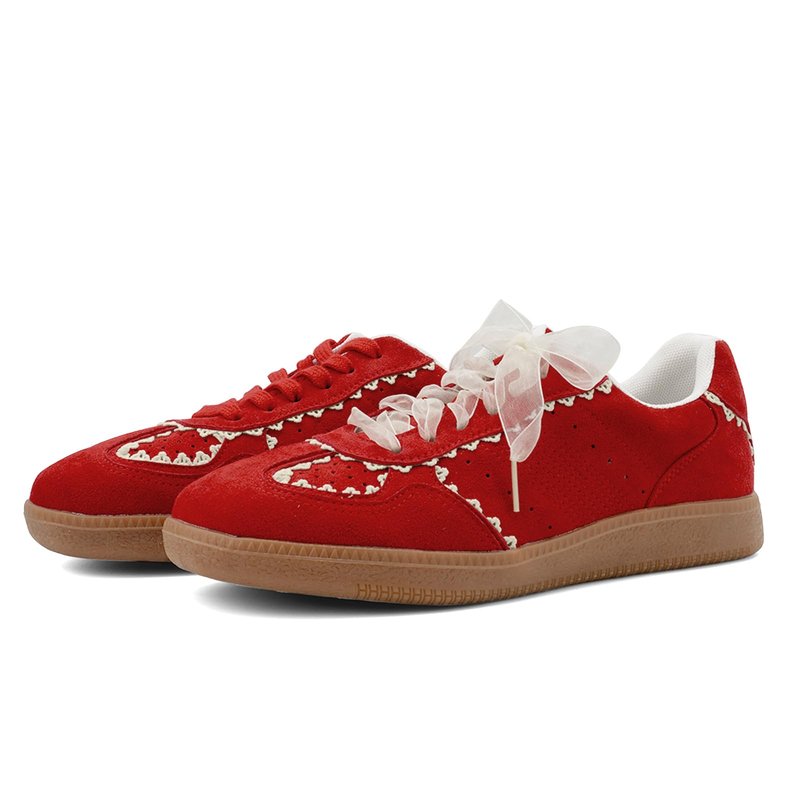 UBWDU Fashion Ballet Sneakers for Women Trendy Cute Ribbon Lace-Up Comfortable Casual Spring Shoes Red Size 9