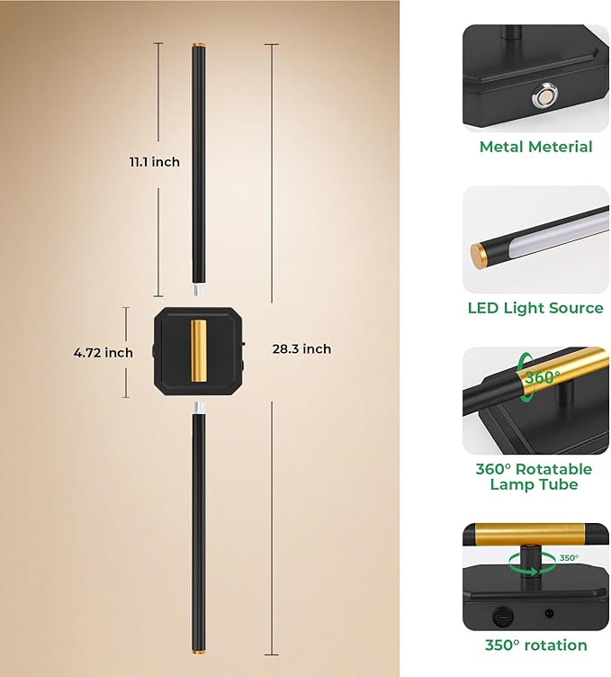 1 Pack 10000mAh Detachable Battery Operated Wall Sconce, Wireless Wall Lamp 360°Rotate,3000-6500K Dimmable, Rechargeable Wall Light for Bedroom, Living Room, 28.3 Inch Black Gold