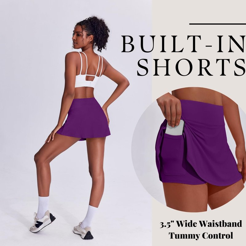 PINSPARK Tennis Skirts Women Pleated Mini Skirt Lightweight Athletic Skort with Pocket Flowy Golf Outfits Y2K Workout Skirt,Purple Medium