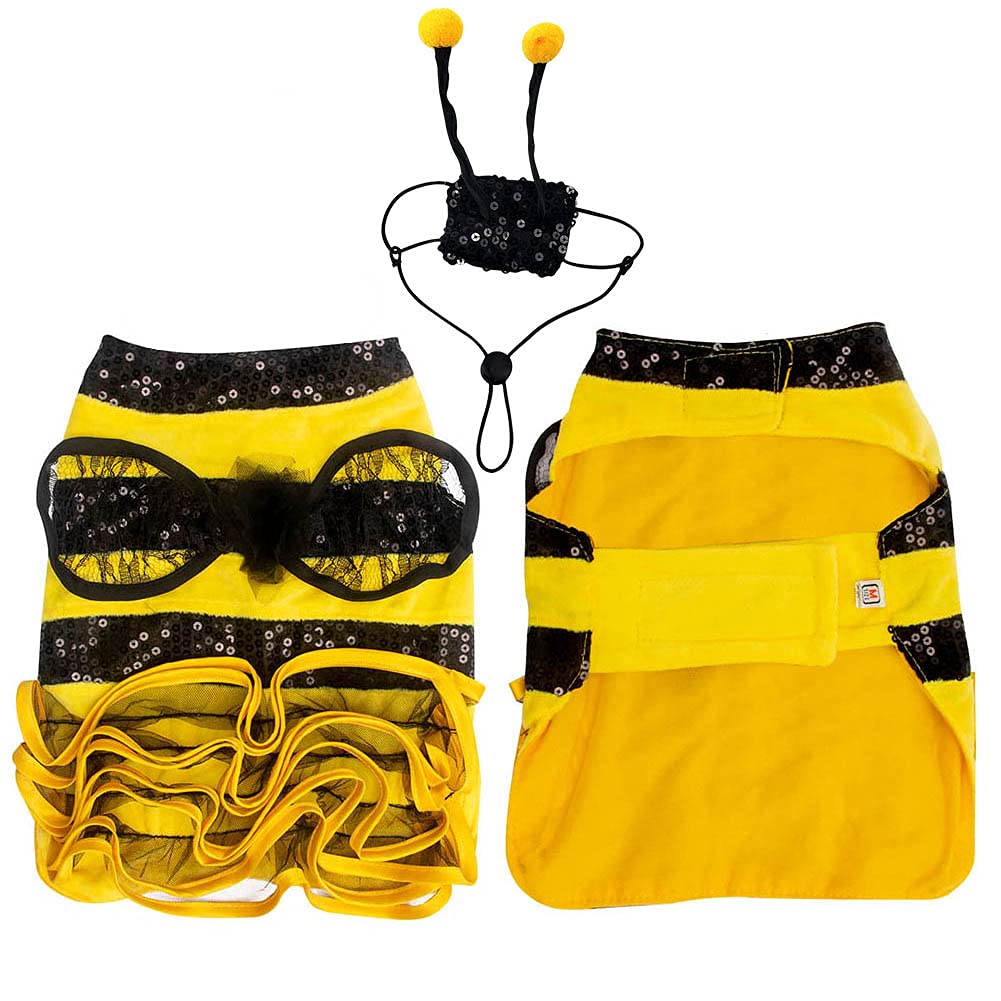 Bee Dog Costume - Bumblebee Pet Dress with Cap - Funny Halloween Outfit for Small, Medium, Large Dogs & Cats
