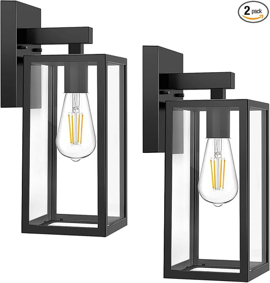 MAXvolador Outdoor Wall Sconce, Exterior Waterproof Wall Lantern Light Fixtures, Black Porch Lights with Toughened Glass Shade, Anti-Rust E26 Socket Front Door Mount Lighting, 2 Pack