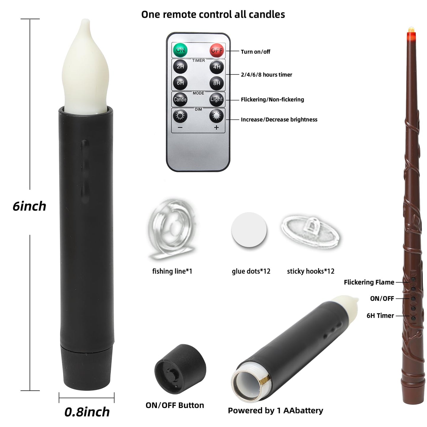 Lezonic 12Pcs Floating Candles with Wand and Remote, Magic Black Flameless Candles Battery Operated, Flikering Hanging LED Taper Candlesticks Halloween Decorations, 0.8" x 6"