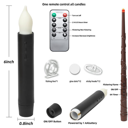 Lezonic 12Pcs Floating Candles with Wand and Remote, Magic Black Flameless Candles Battery Operated, Flikering Hanging LED Taper Candlesticks Halloween Decorations, 0.8" x 6"