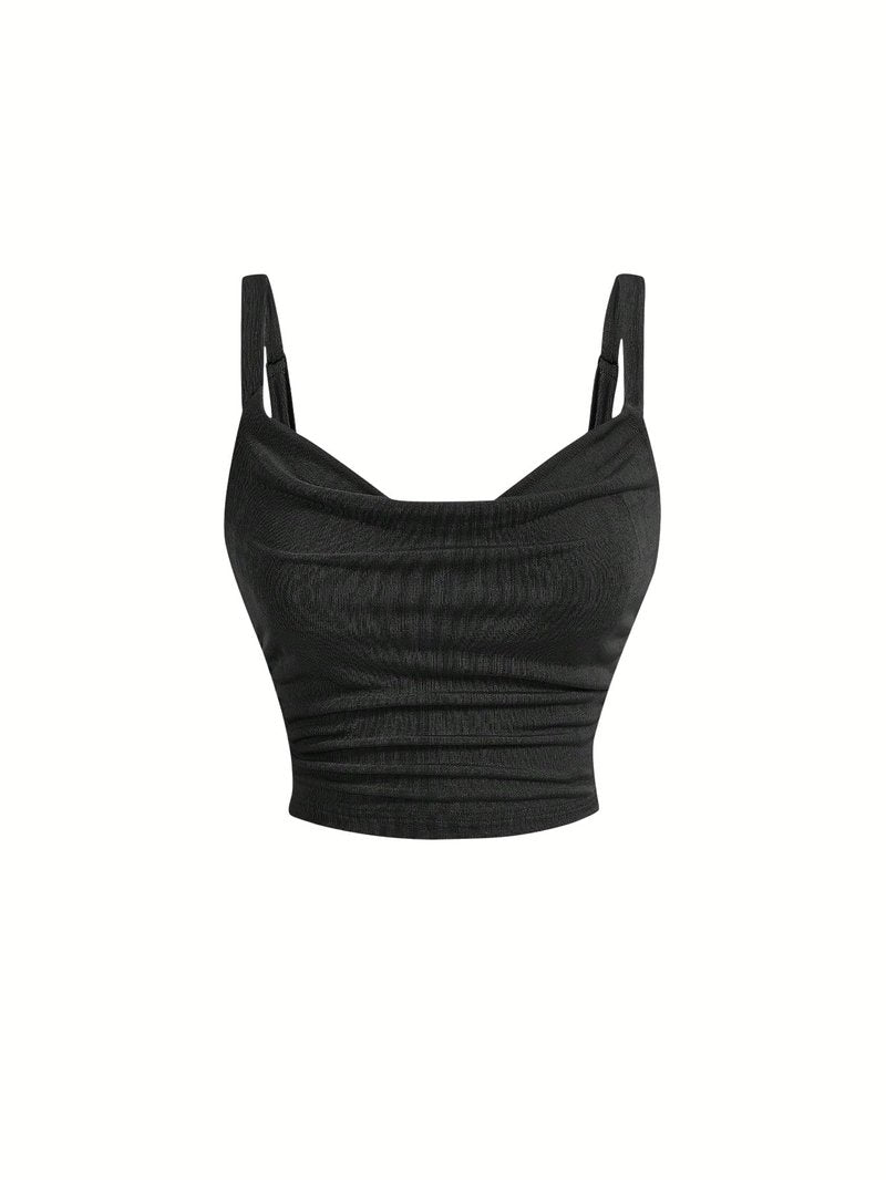 SOLY HUX Women's Cowl Neck Crop Camisole Top Lace Up Ruched Sleeveless Y2k Tops Plain Black Medium