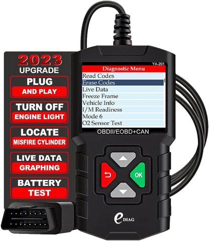 EDIAG YA-201 Obd2 Scanner, Full OBD2 Modes Check Engine Code Reader After 1996 All OBDII/EOBD/KOBD/CAN Cars, O2 Sensor EVAP Systems, Battery Test,Live Data Stream,Plug & Play