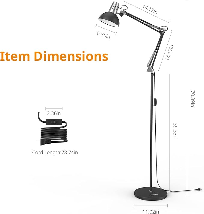 LEPOWER Floor Lamp, Swing Arm Floor Lamp, Industrial Tall Lamp with Heavy Metal Base, E26 Base Standing Reading Lamp, Modern Lamp for Home Office, Living Room, Bedroom Black
