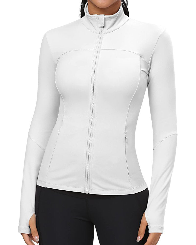 GYM RAINBOW Workout Jackets for Women, Full Zip Slim Fit Lightweight Athletic Running Sports Track Jacket with Pockets(1-White,Medium)