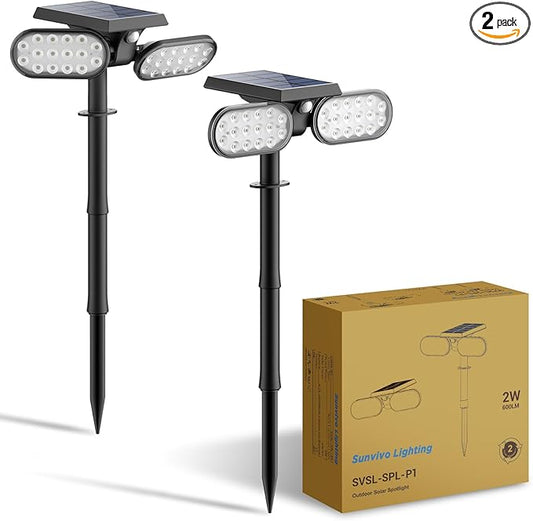 Sunvivo Motion Solar Lights Outdoor,Ground Spotlight or Wall Security Light,Motion Sensor Stay On Mode,Dusk to Dawn Floodlight,Cordless,360° Landscape Spotlight for Sidewalk Garage Driveway,2-Pack