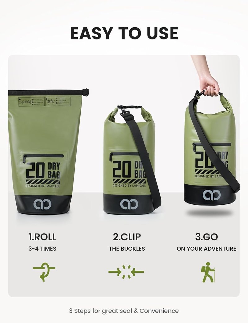 Lamicall Waterproof Dry Bag - 20L Floating Roll Top Backpack with Phone Pouch | Green