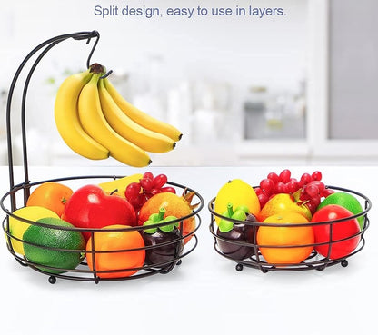 Auledio Iron 2-Tier Countertop Fruit Vegetables Basket Bowl Storage With Banana Hanger, Black, 64 ounces