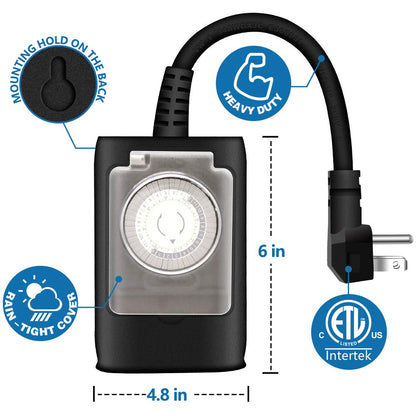 K KASONIC - Outdoor Light Timer Outlet, 24 Hour Mechanical Switch, Heavy Duty Plug in Timer Waterproof with 2 Grounded Outlet, ETL Listed (Black)
