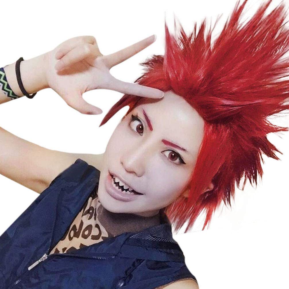 ANOGOL Hair Cap+ Short Red Anime Cosplay Wig Angry Wig Synthetic Red Crazy Hair Angry Outfit Short Spiky Wigs for Men Halloween Christmas Party Costume