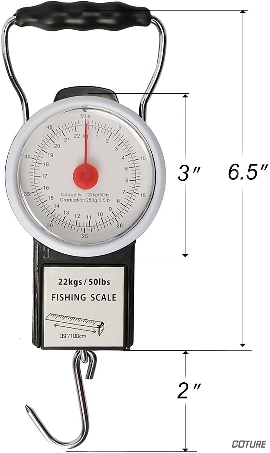 Goture Fishing Hanging Scale Mechanical Kitchen and Fish Fishing Scale Multi-Purpose Portable Hand Held Dial Weight Scale with Tape Measure (50 Lbs / 22Kg)