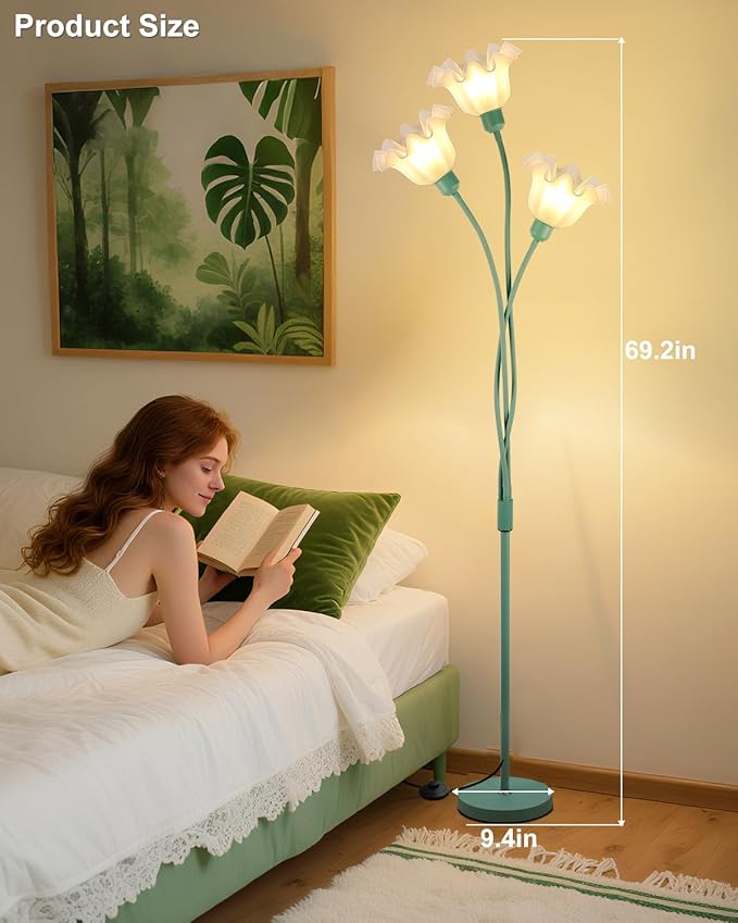 Lightdot Vintage Flower Floor Lamp for Living Room Modern Standing Lamp with DIY Flexible Branch Pole Spring Green Cute Corner Floor Lamps for Kids/Girls' Bedroom