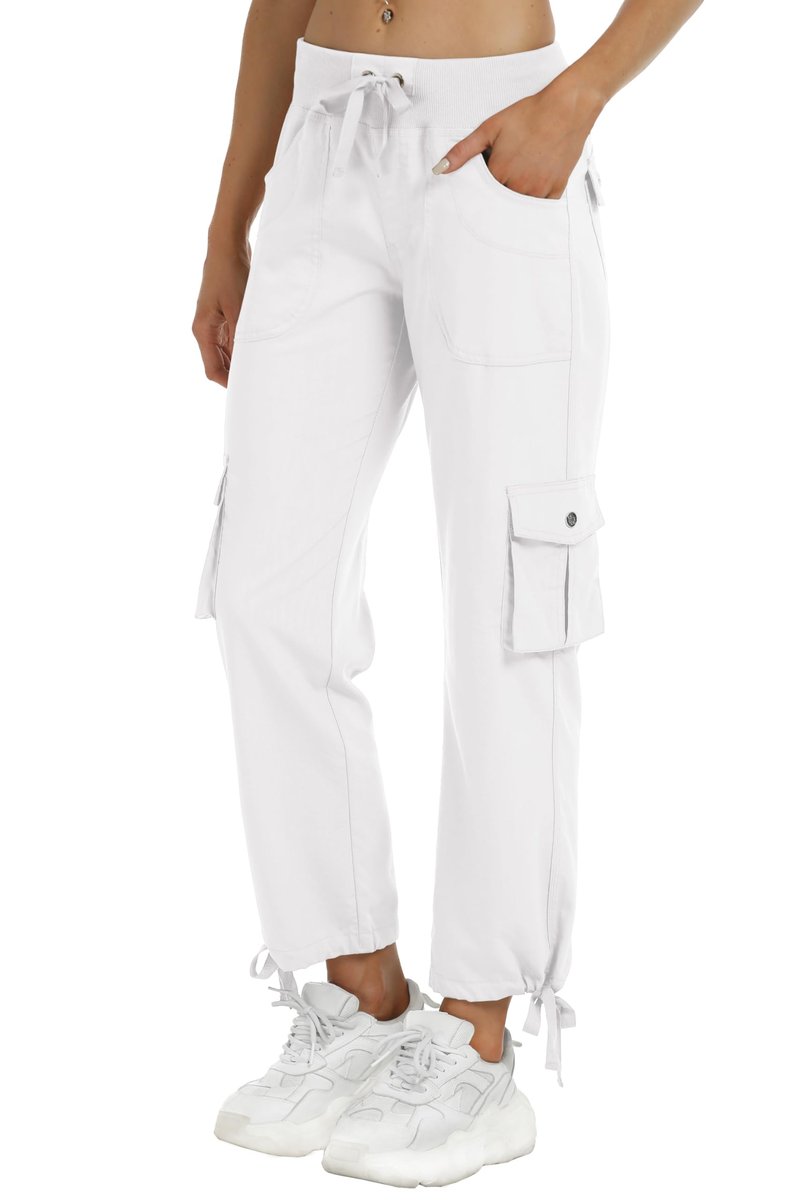 MoFiz Women's Hiking Cargo Athletic Pants Casual Travel Loose Lightweight Quick Dry Breathable Running Joggers Outdoor Button Pockets White S