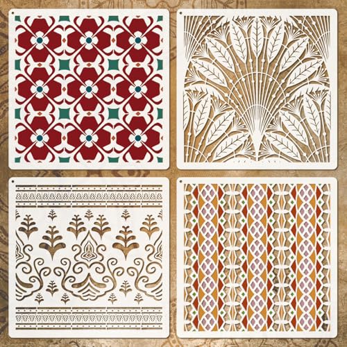 Wall Stencils for Painting Large Pattern, 4PCS 12 Inch Reusable Stencils for Crafts, Exquisite Mandala Designs for Wall Furniture Home Decor, DIY Art Projects