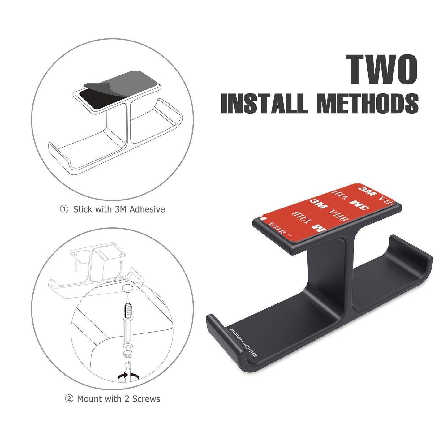 APPHOME Headphone Hanger Stand Under Desk Hook Aluminum Stick-On Adhesive Dual Headsets Holder Mount PC Gaming Accessories for All Headphones