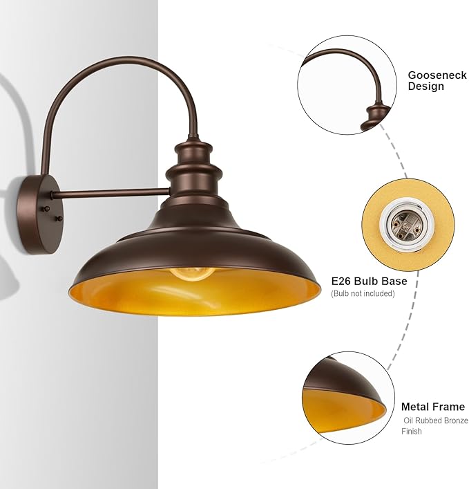 Outdoor Barn Light Fixture, 16 Inch Large Dome Farmhouse Exterior Wall Mount Light, Rustic Gooseneck Wall Sconce Indoor Wall Lighting Fixture, Industrial Bronze Gold Lantern for Porch, 1 Pack