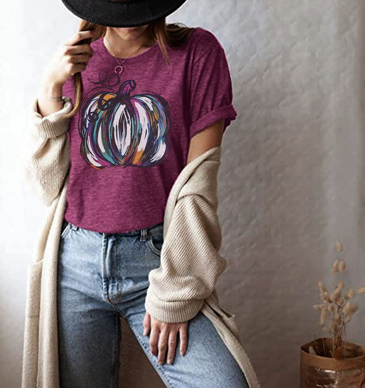 Halloween Pumpkin Shirt Women Fall Graphic Tees Short Sleeve Autumn T-Shirt Thanksgiving Gift Tops (Purple 2, L)