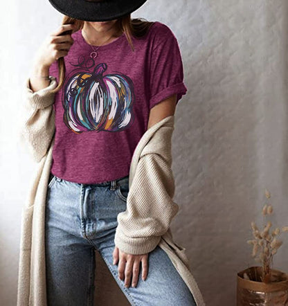 Halloween Pumpkin Shirt Women Fall Graphic Tees Short Sleeve Autumn T-Shirt Thanksgiving Gift Tops (Purple 2, L)