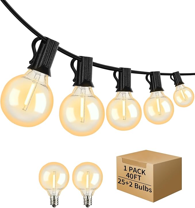 40FT LED Outdoor String Lights Waterproof, G40 LED Globe Outdoor Lights for Patio with 27 Edison Vintage Shatterproof Bulbs, Connectable Backyard Lights for Garden, Bistro, Porch, Cafe