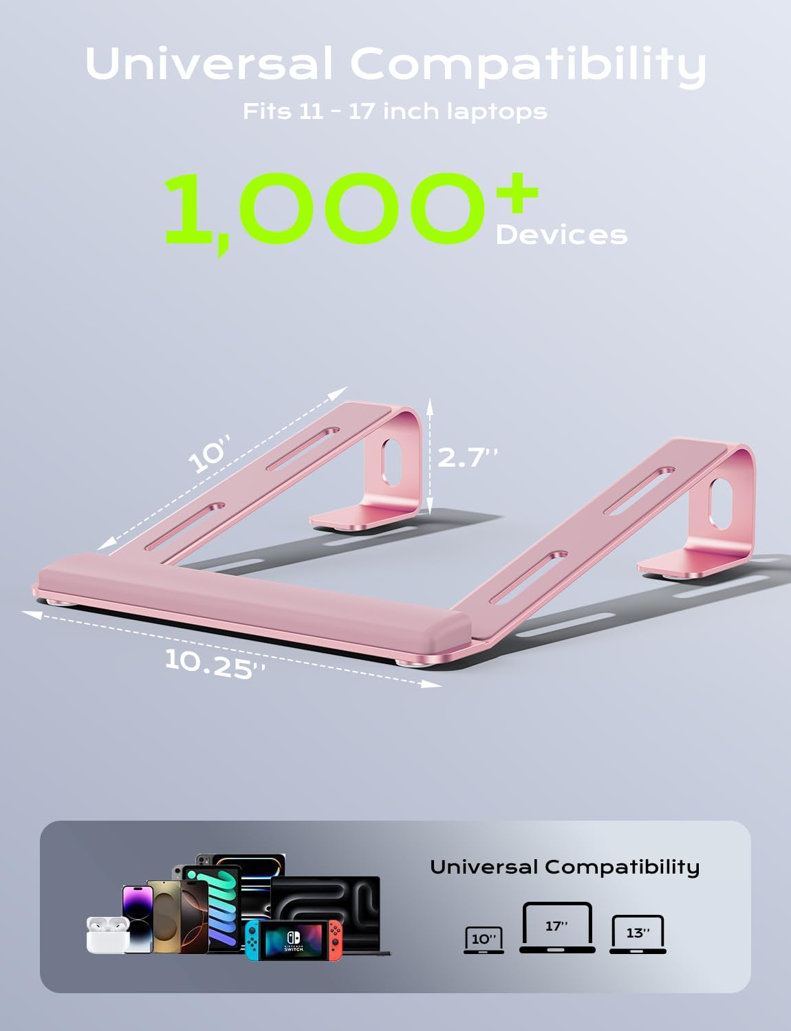 JCZT Aluminum Laptop Stand, Notebook Stand with Wrist Rest, Ergonomic Detachable Laptop Mount, Computer Stand Compatible with 10-17'' All Laptops Such as MacBook Air Pro/HP/Dell/Lenovo, Pink