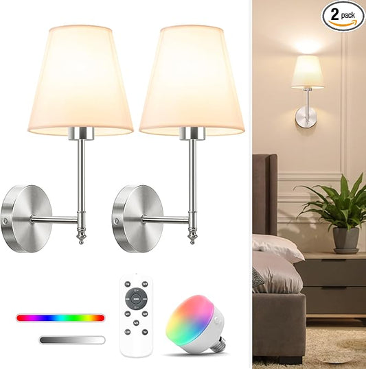 NIORSUN 14.5 inch Battery Operated Wall Sconce Set of 2,Brushed Nickel Rechargeable Wall Lights with 5200mAh Dimmable Bulbs and Remote,9 Colors Wireless Sconces for Bedroom Living Room Decor