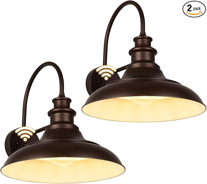 Dusk to Dawn Sensor Outdoor Barn Light Fixtures, 16 Inch Dome Farmhouse Outdoor Wall Sconces, Rustic Gooseneck Exterior Wall Mount Lights, Industrial Bronze White Wall Lanterns for Porch, 2 Pack