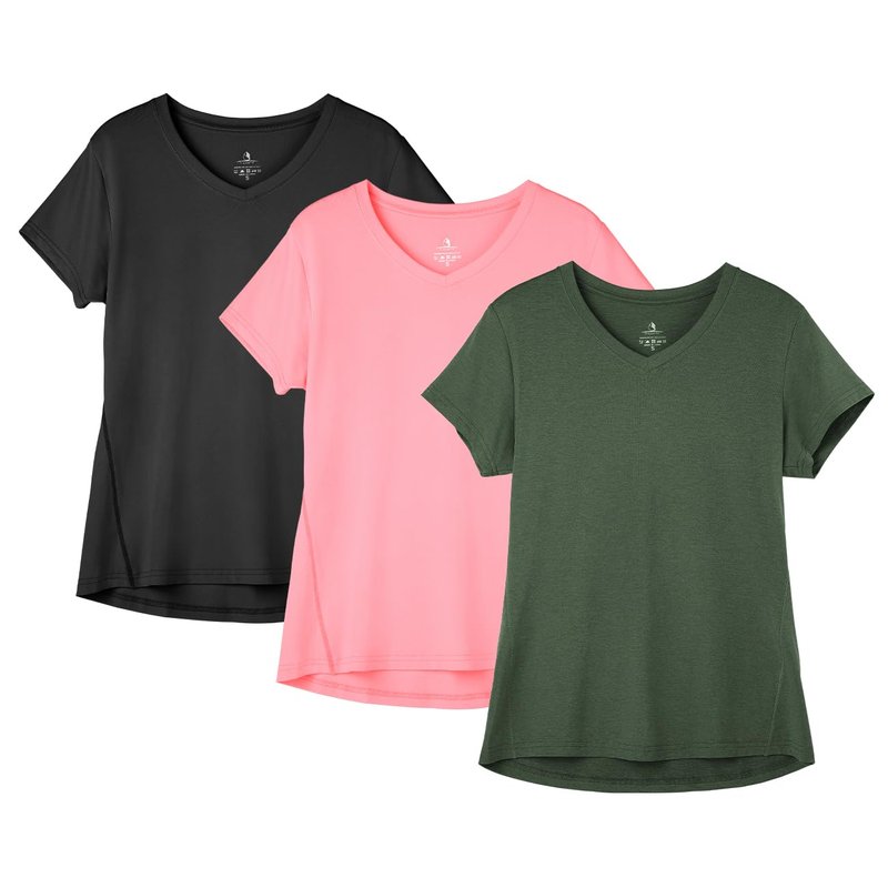 icyzone Workout Shirts Yoga Tops Activewear V-Neck T-Shirts for Women Running Fitness Sports Short Sleeve Tees (Solid Black/Pale Pink/Dark Green, XXL)