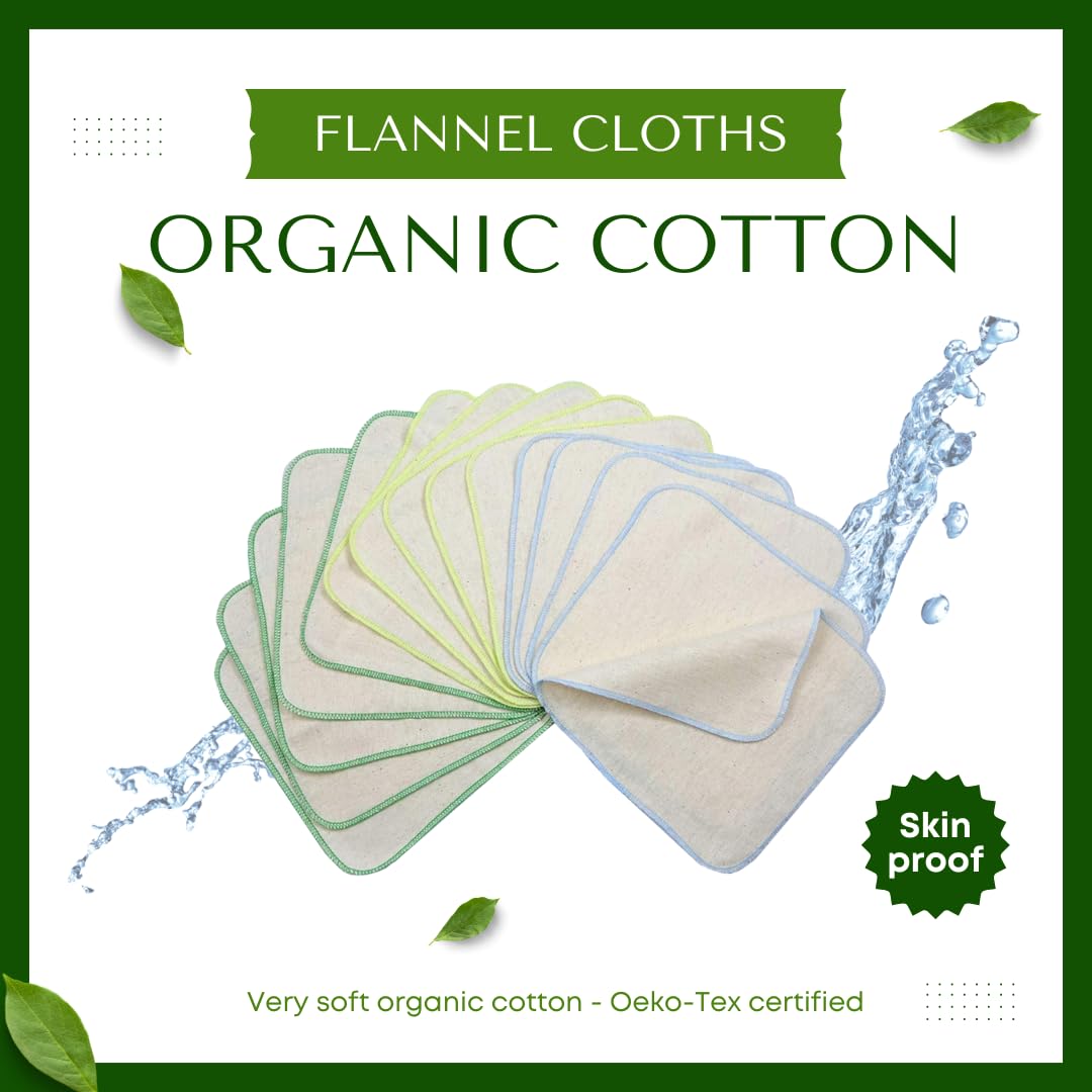 avo + cado Organic Cotton Single Layer Flannel Washcloths - Pack of 15 - Reusable Baby Washcloths to Replace Wet Wipes - Small Washable Mini Cotton Wipes (Colour: Green)