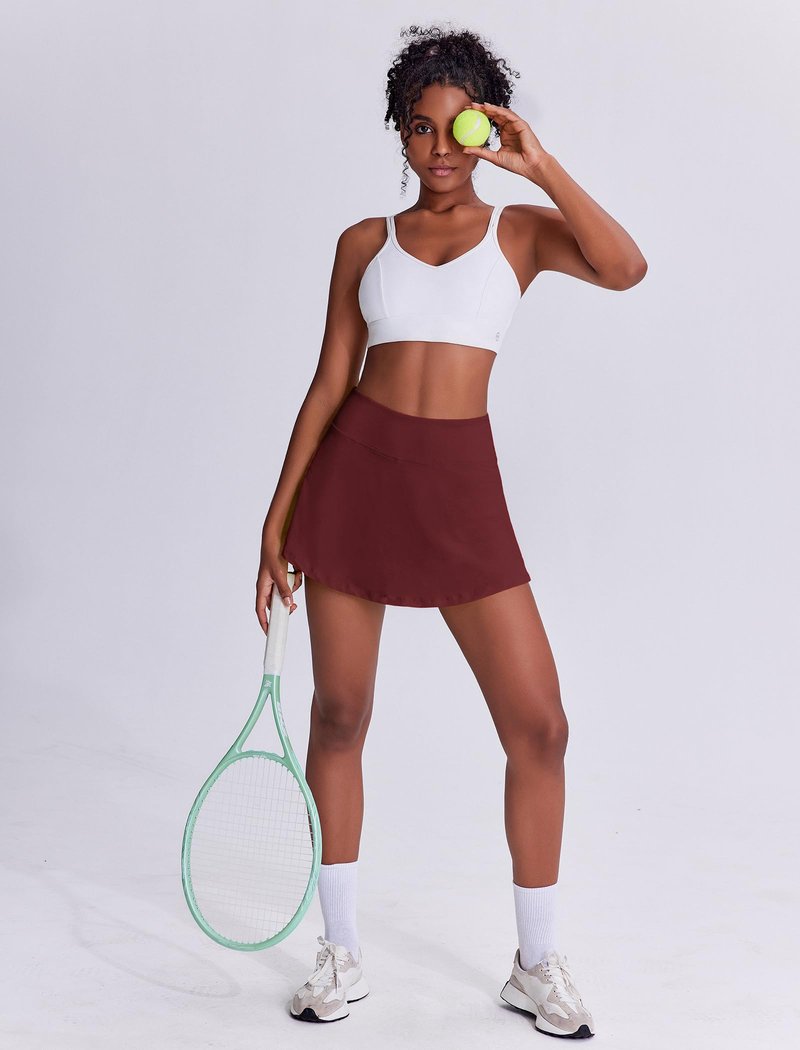 PINSPARK Skorts for Woman High Waisted Tennis Skirt Lightweight Golf Skirts with Pockets Flowy Pickleball Skirt Stretchy Athletic Skorts, Red Merlot Small