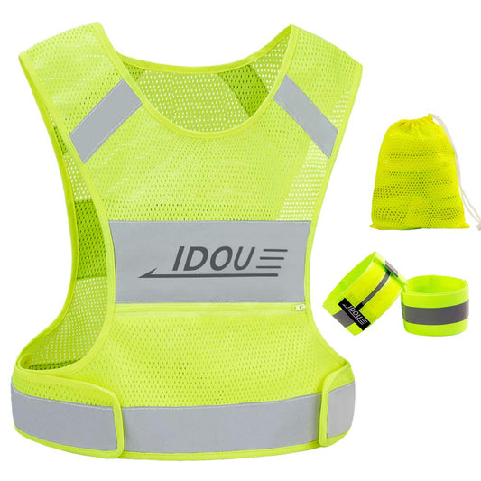 IDOU Reflective Vest Safety Running Gear with Pocket, Ultralight &Adjustable Waist&360°High Visibility for Running,Jogging,Biking,Motorcycle,Walking,Women & Men（+2bands+1bag）