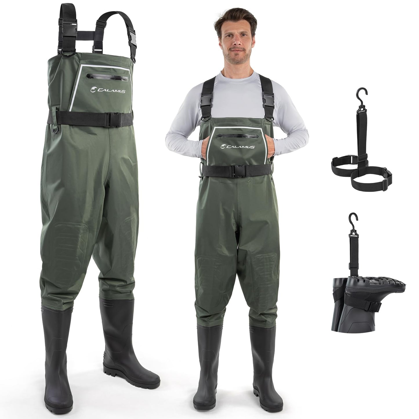 Calamus WaveWalker Fishing Waders for Men & Women, 100% Waterproof PVC Chest Waders with Slip-Resistant Boots, Tear-Resistant Nylon, Ample Storage, Wader Hanger, Military Green, M5/W7