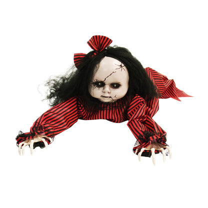 Haunted Hill Farm Scary Haunted Crawling Baby Doll, Halloween Animatronic with Touch Activated Lights and Sound, Battery Operated Indoor or Covered Outdoor Halloween Decorations, Creepy Fright Props