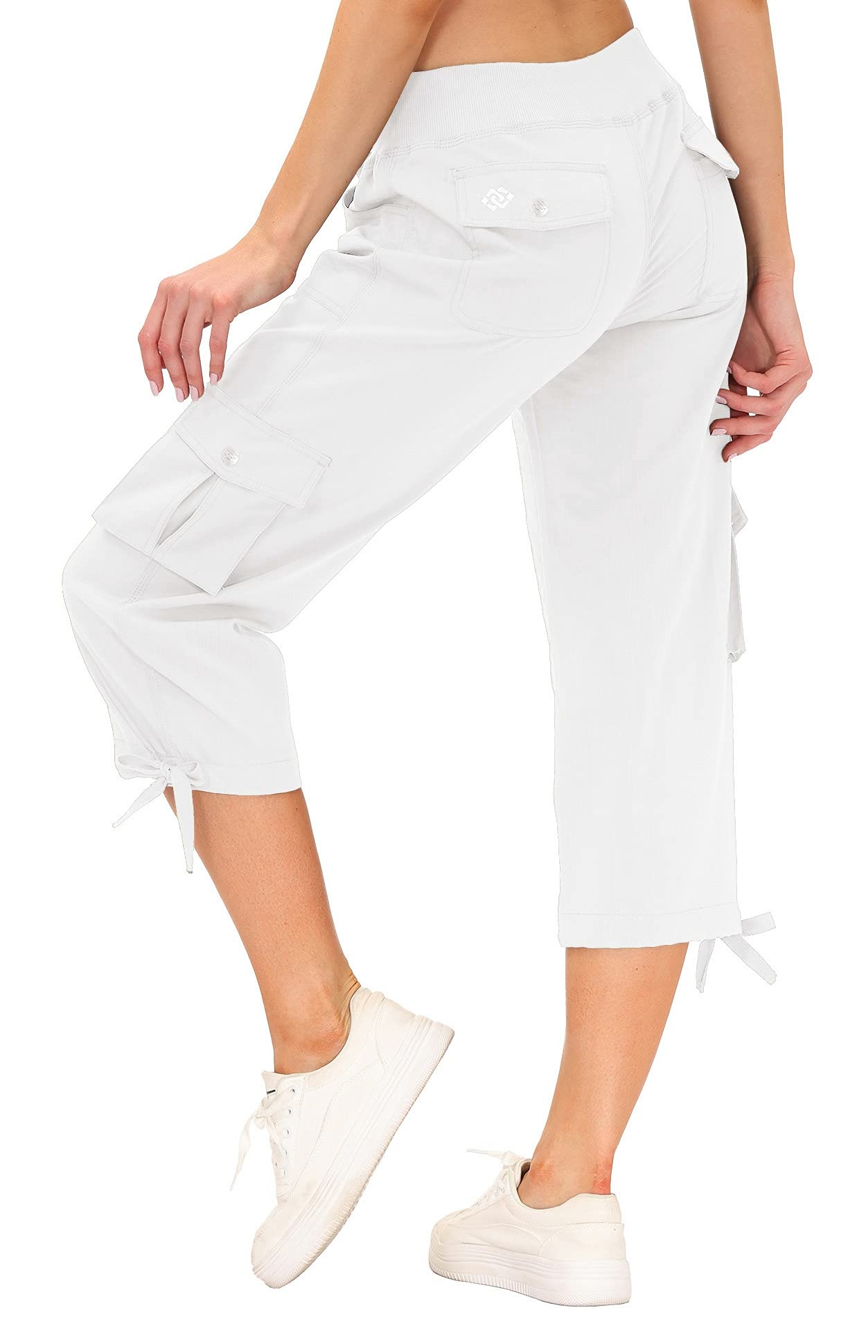 MoFiz Womes Cargo Hiking Capri Pants Lightweight Quick Dry Running Athletic Casual Outdoor Button Pockets Rice White 4XL