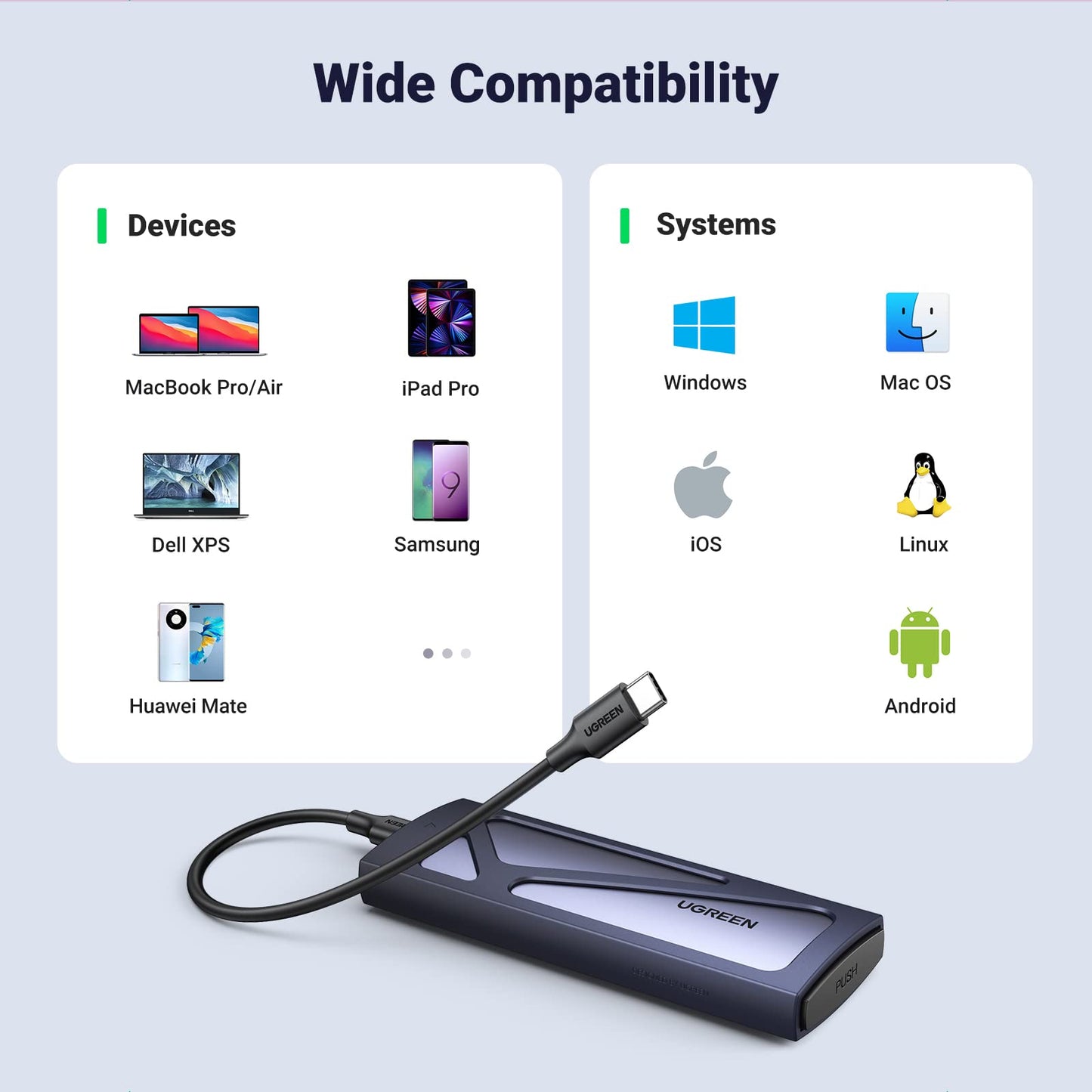 UGREEN M.2 NVMe SSD Enclosure, Tool-Free NVMe Enclosure, 10Gbps M2 SSD Caddy with USB 3.2 Gen2 Supports M and B&M Keys and Size in 2230/2242 /2260/2280 SSDs