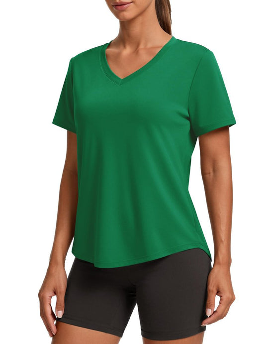 PINSPARK Womens Athletic Shirts Short Sleeve V Neck Gym Workout Tops Moisture Wicking Quick Dry Running T-Shirts Breathable,Green X-Large