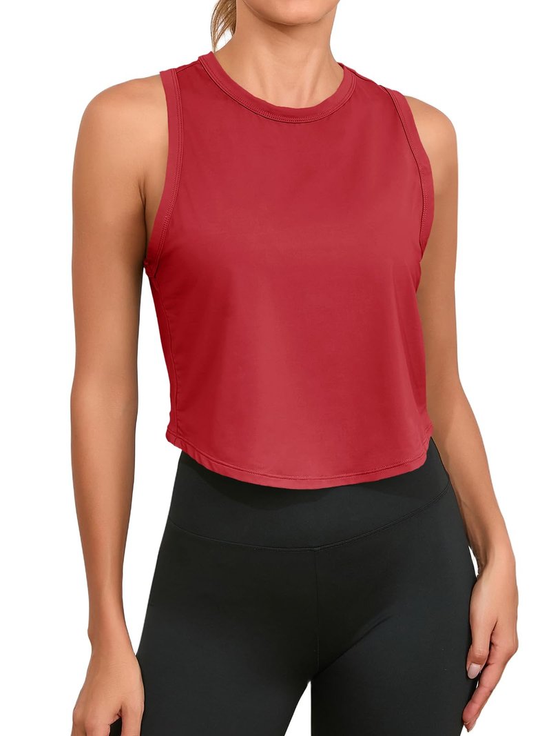 Fisoew Womens Workout Cropped Tank Tops Racerback Sleeveless Crewneck Running Yoga Active Shirts Red